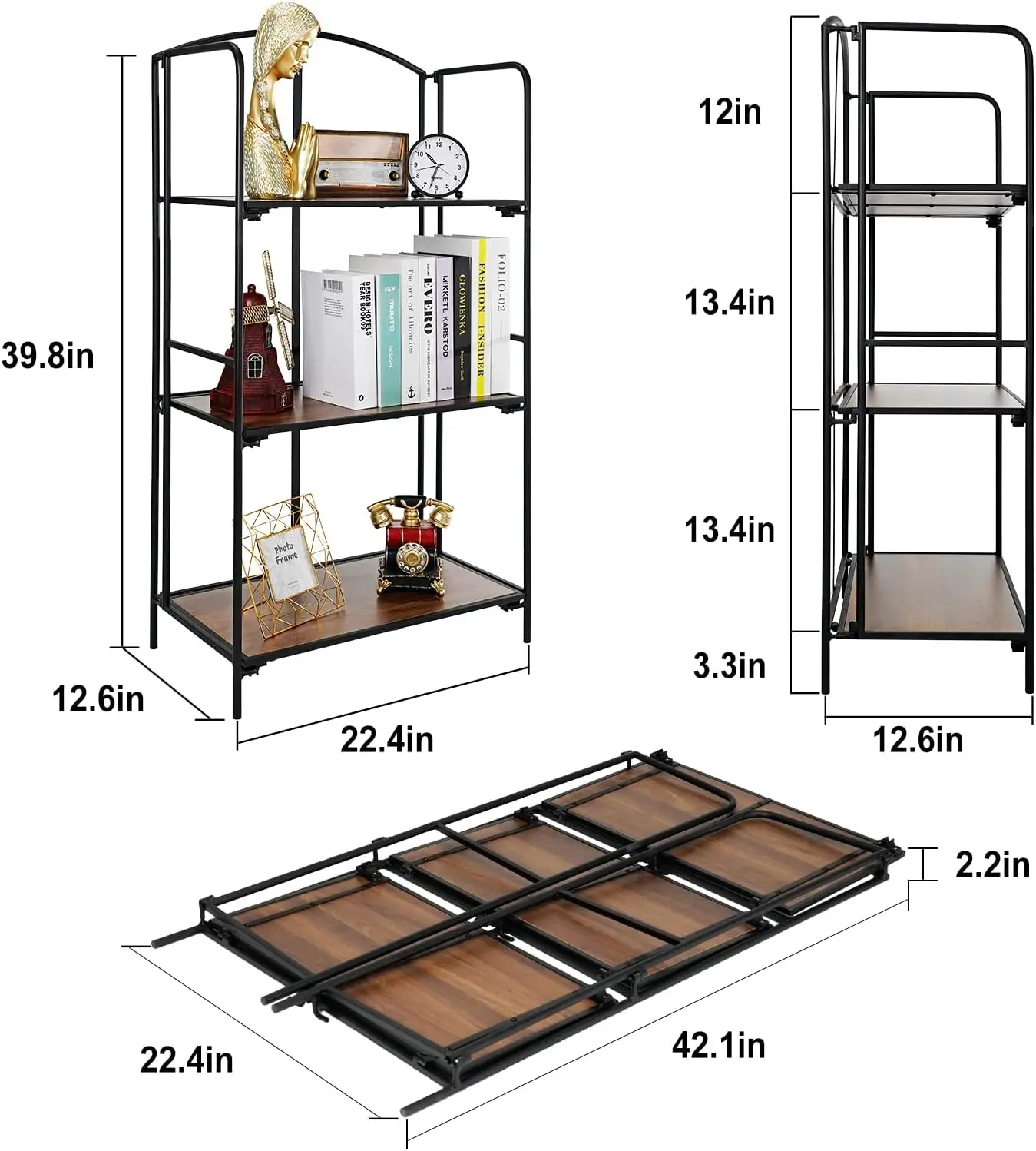 

Crofy No Assembly Folding Bookshelf For Living Room, 3 Tier Black Collapsible Book Shelf For Home Office, Portable Bookcase