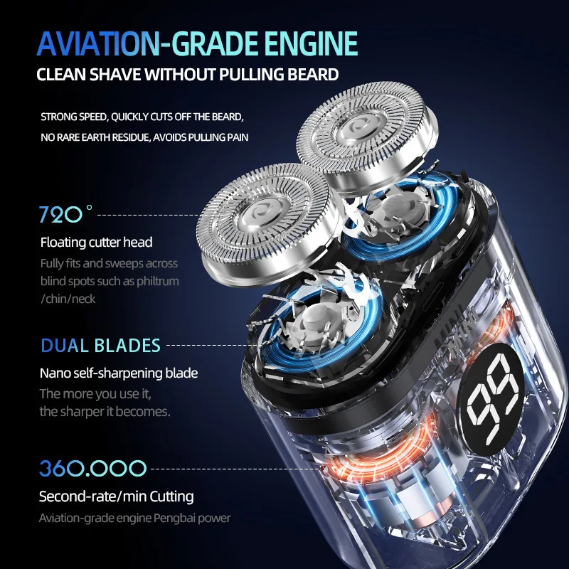 Hommes 3D Flottant Double Tête Électrique Rasoir TYPE-C Charge Étanche LED Affichage Numérique Support Sec Touristes Rasage Rasoir