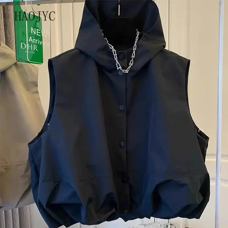 Design sense Loose casual hooded tooling  Women's summer stacked sleeveless  Sports vest Vest jacket