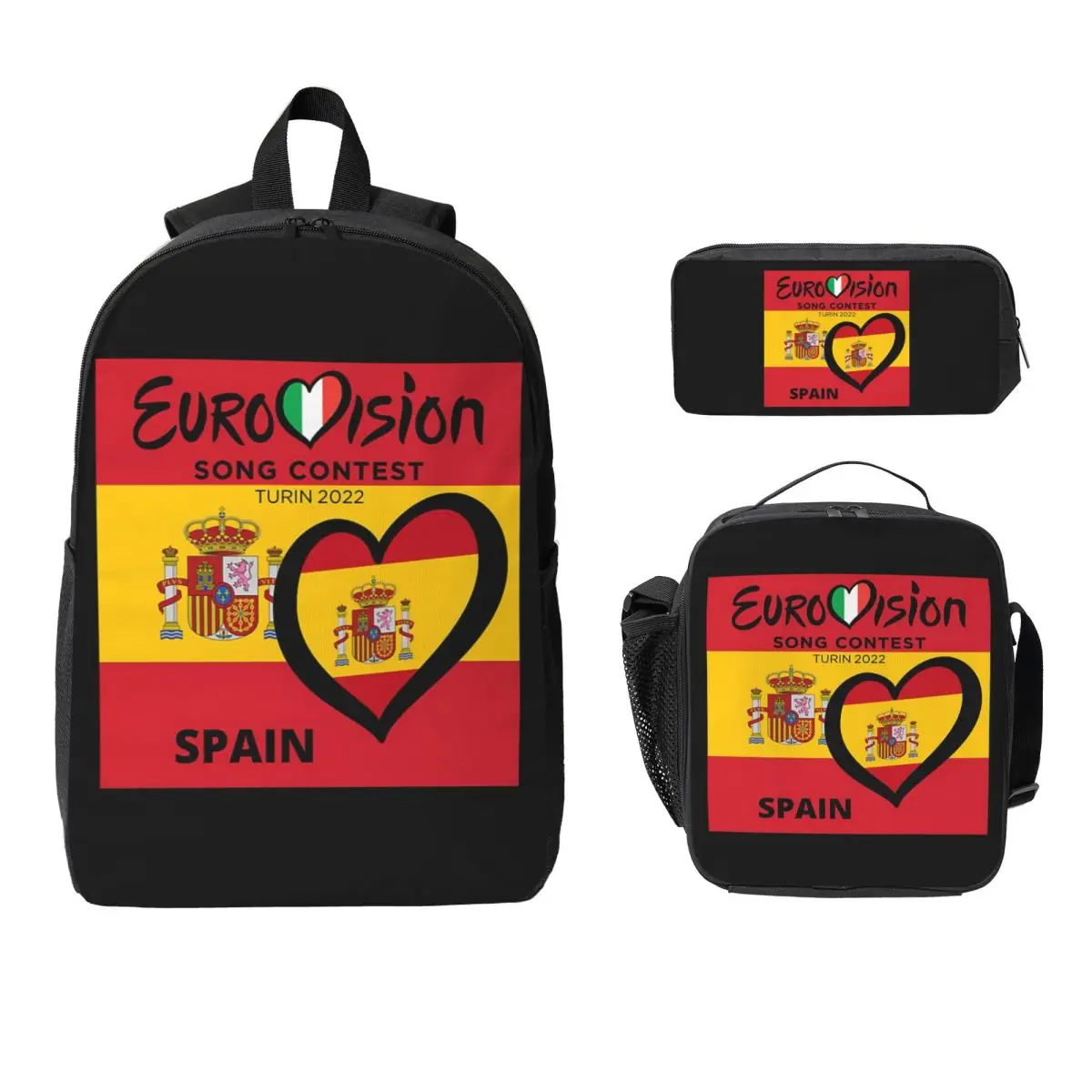 

Eurovision Song Contest SPAIN Flag Backpack Boy Girl BookBag School Bag Laptop Shoulder Bags 3ps Insulated Lunch Bag Pencil Case