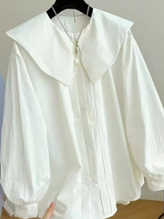 

Retro Doll irt Women's Loose Large Collar Middle-Length Lantern Sve Top Ele Casual Sle Button Detail Spring Wear