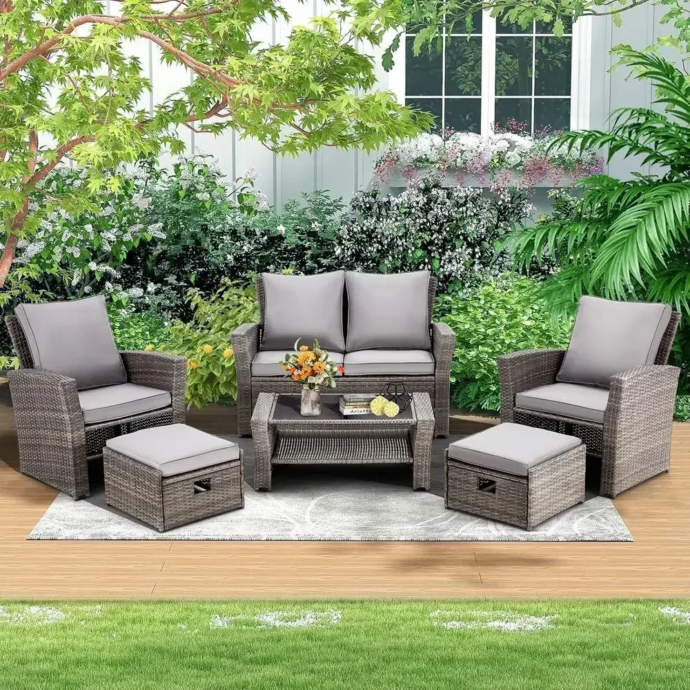 6-Piece Outdoor Sectional Patio Furniture Set with Rattan Sofa, Ottoman, and Storage Table in Grey for Garden, Porch, Backyard