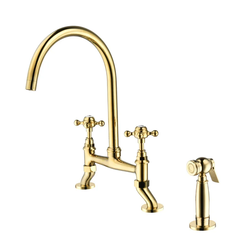 

All copper French retro bridge kitchen hot and cold faucet double hole rotatable sink faucet with spray gun