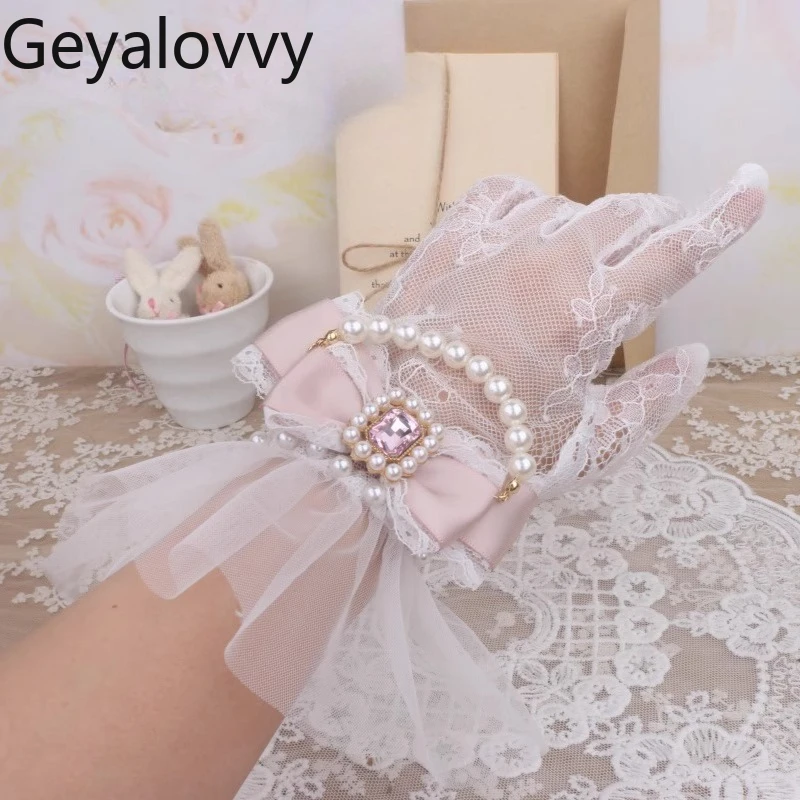 

Japanese Style Handmade Sweet Lady Decorative Short Gloves Original Mine Lace Bow Rhinestone Beaded Wedding Party Lace Gloves