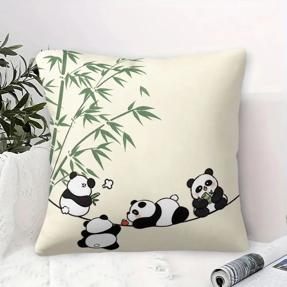 Cute Panda Bamboo Print Throw Pillow Cushion Accent Pillow Includes Pillow Core 45×45cm Cartoon Teen Bedroom Soft Cushion