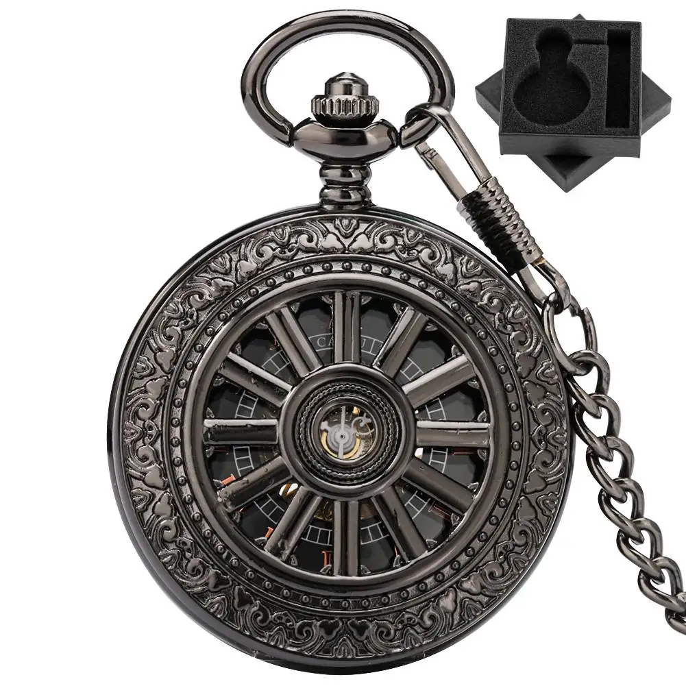 black-hollow-mechanical-pocket-watch-rose-gold-roman-numerals-dial-men's-fob-chain-pendant-vintage-retro-style-timepiece-gift