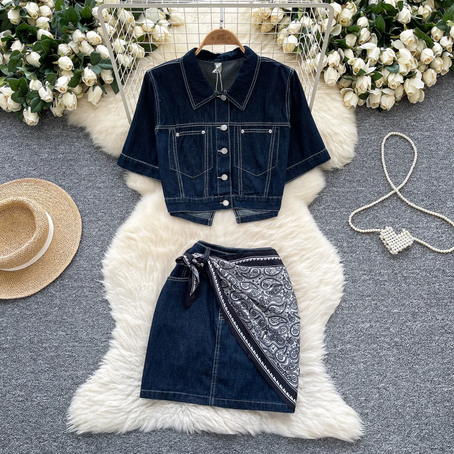 

Повседневный женский наряд, лето 2021, модный джинсовый топ с короткими рукавами + юбка-трапеция с шарфом