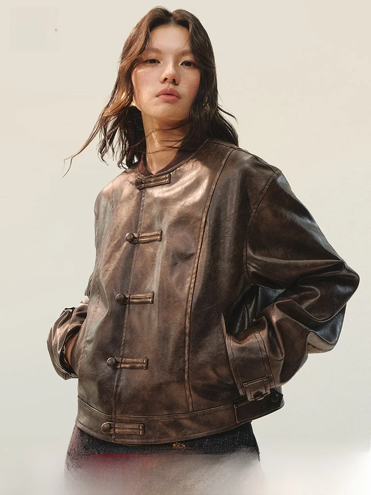 

Genetic Design Brown Leather Jacket Women's Short Style Faded Texture AnnoMundi Casual Fashion PU Coat for Young Ladies