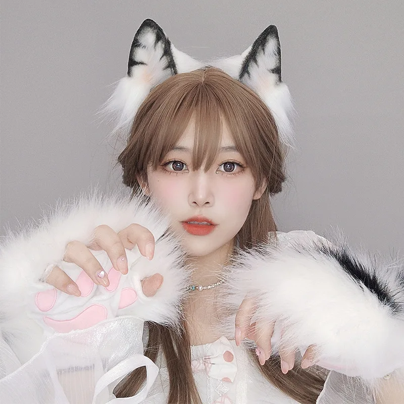 Handmade Simulated Tabby Cat Tail Ear Claw Animal Furry Prop Lolita Cosplay Accessories Girl's Club Pub Costumes