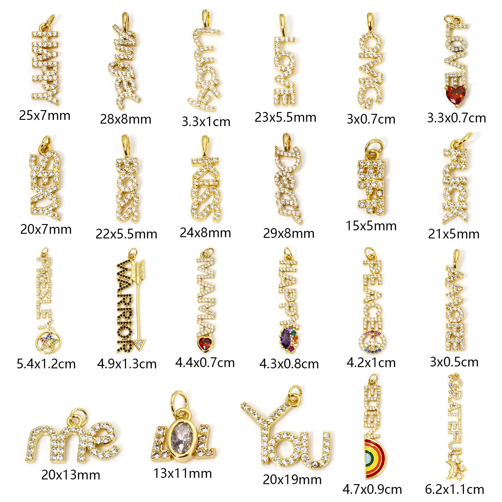 Creative Brass Words Earrings Charms 18K Real Gold Plated Message Micro Pave Clear Cubic Zirconia Love You Pendant Necklace DIY