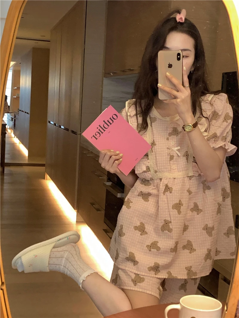 Ruffles Cartoon Bear Summer Pajamas Set Women Kawaii Blue Plaid Sleepwear Cotton Two Piece Home Suit Bow Puff Sleeve Shirts