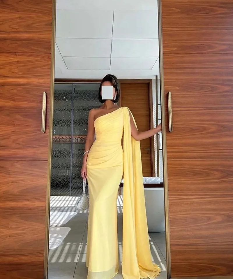 Elegant Yellow Celebrity Dresses Sleeveless Slim Fitting Vestidos One Shoulder Shawl Arabic Chiffon Prom Formal Evening Gowns