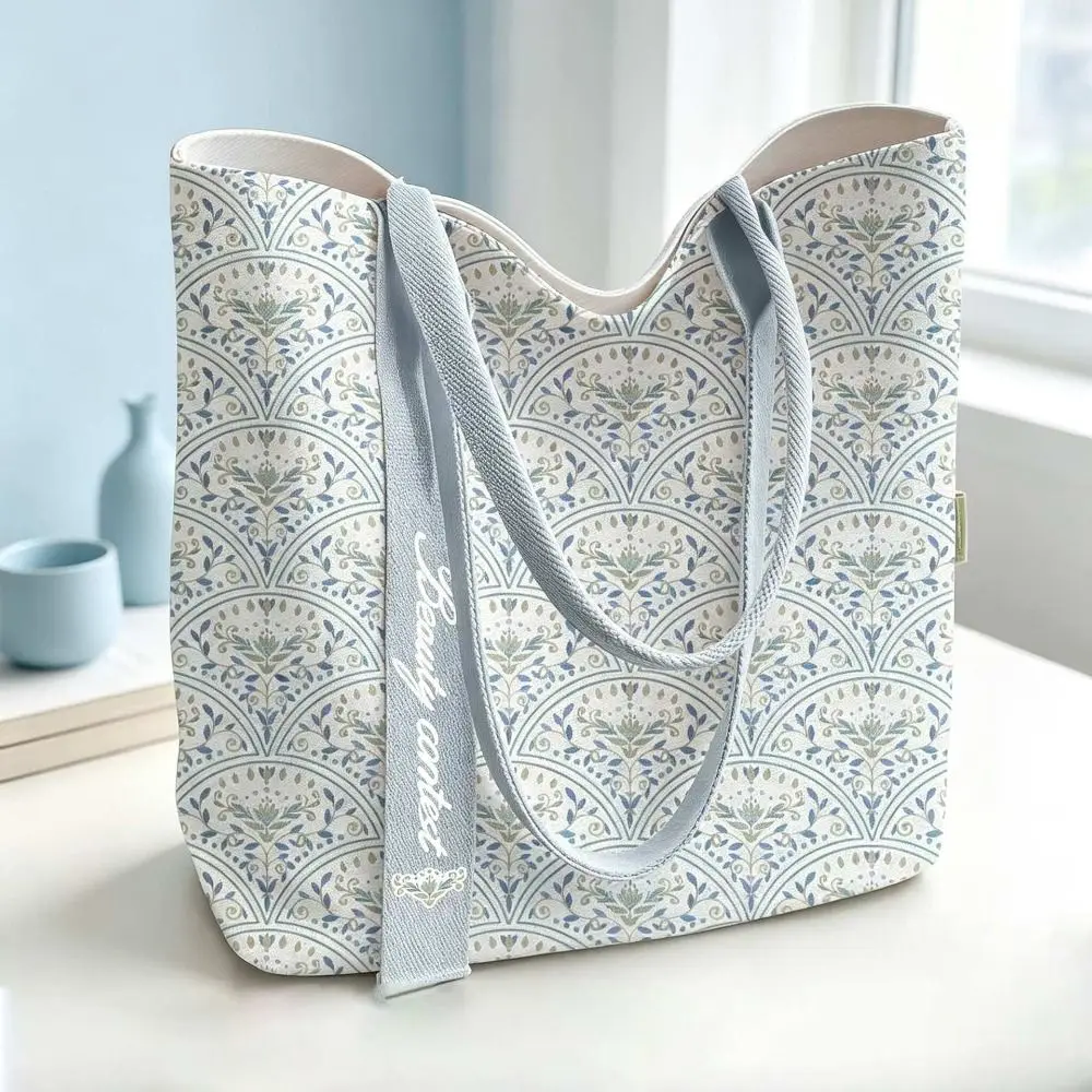 Durable Fan Shaped Floral Fragments Canvas Bag Reusable Large Capacity Shoulder Bag Lightweight Wide Handles Shopping Bag Women