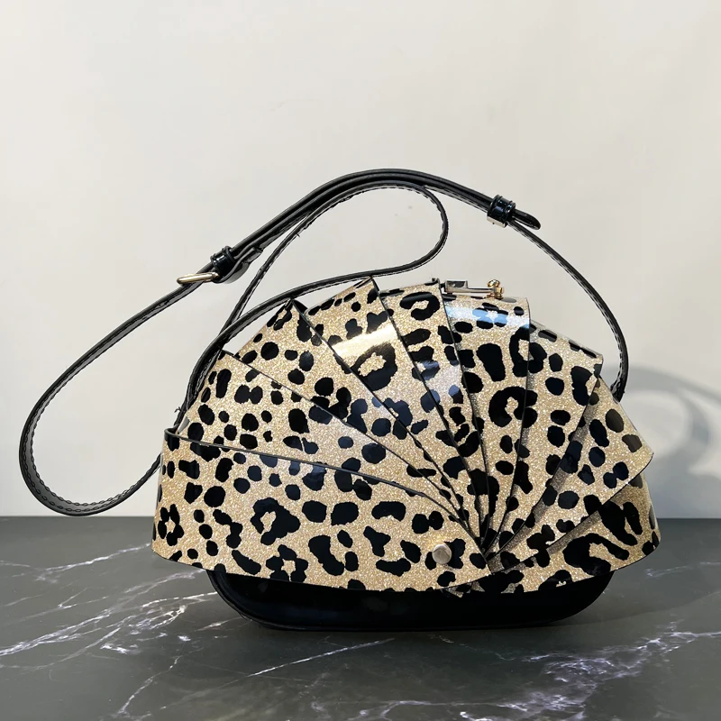 

Leopard Print Shell Bags For Women Luxury Designer Handbag Purses 2025 New In PU Glossy Sector Folding Opening Underarm Shoulder