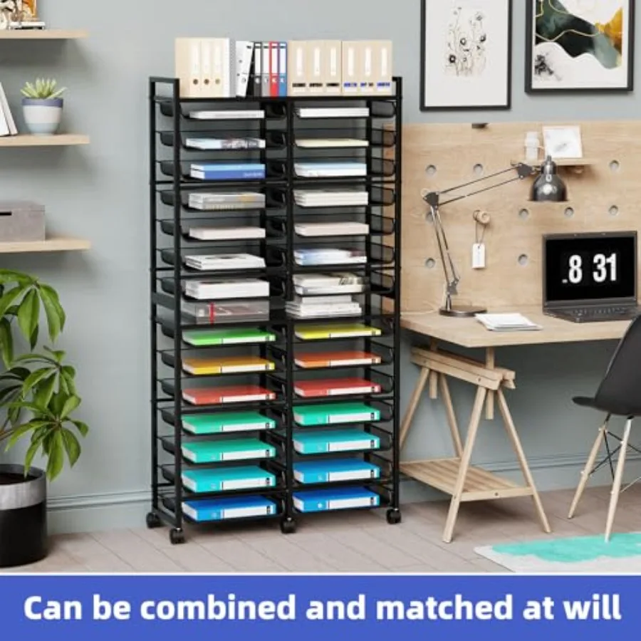 Rolling File Storage Cart 15-Tier Metal Desk File Organizer with 14 Mesh Sliding Trays Multi-Functional Clutter Cart for Office