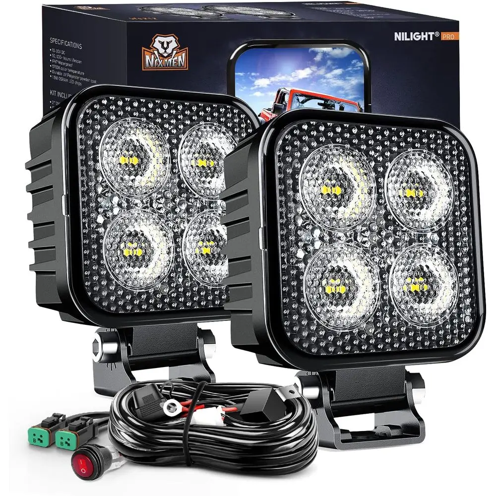 

2-Pack 3 LED Square Pods, 1500LM, 90° Flood Beam, EMC Work Lights, 16AWG DTW Wiring Kit for Off-Road Vehicles