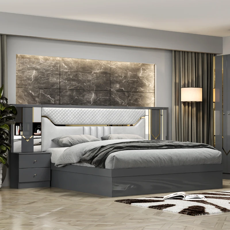 Wholesale Cheap Luxury Wooden King Leather Bed Set Modern Large Timber Frame Home Double Full Bedroom Set Furniture