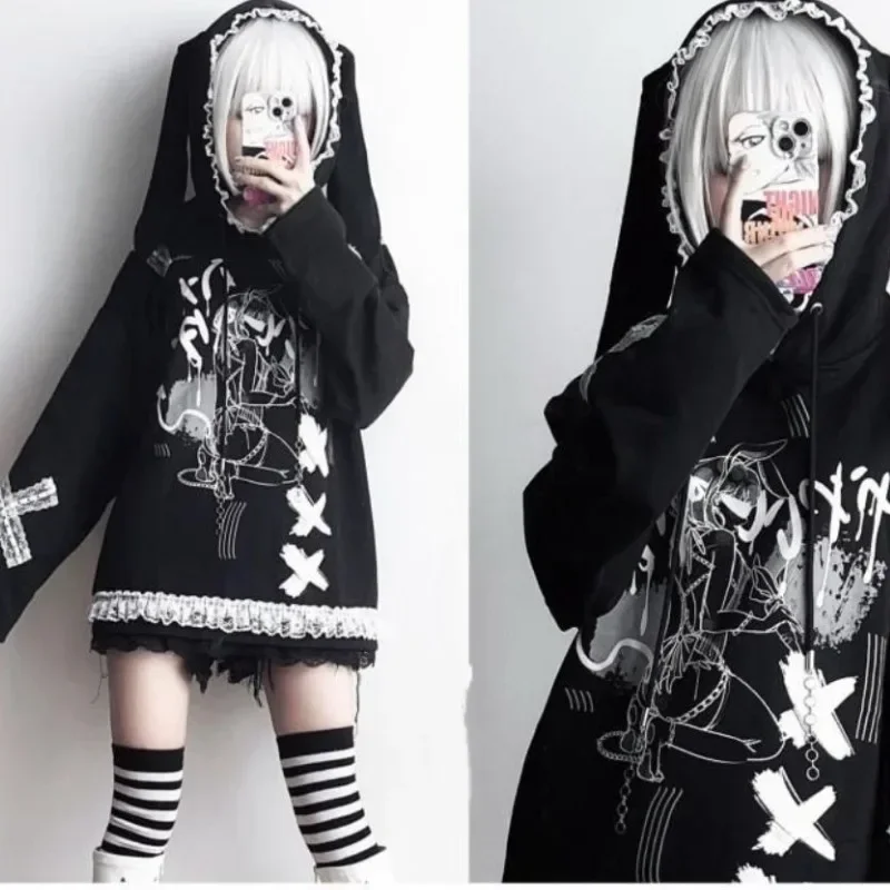 Japan Subcultural Cartoon Print Casual Loose Hoodies Y2k Aesthetic Patchwork Lace Design Punk Sweatshirt Constrast Color Clothes