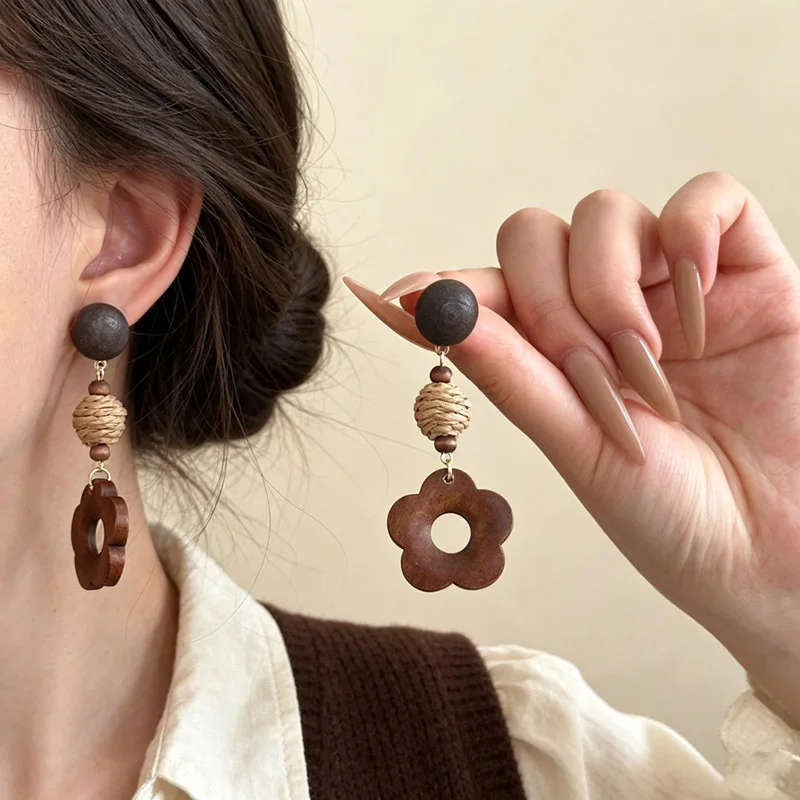Handcrafted Wooden Flower Drop Earrings Vintage Woven Bead Long Dangle Body Jewelry Accessories For Boho Vacation Outfits