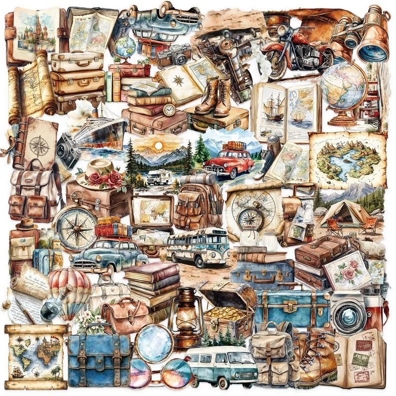 50PCS Vintage Travel PET Sticker Aesthetic Hand Accounting Transparent DIY Decoration Scrapbooking Stationery Supplies