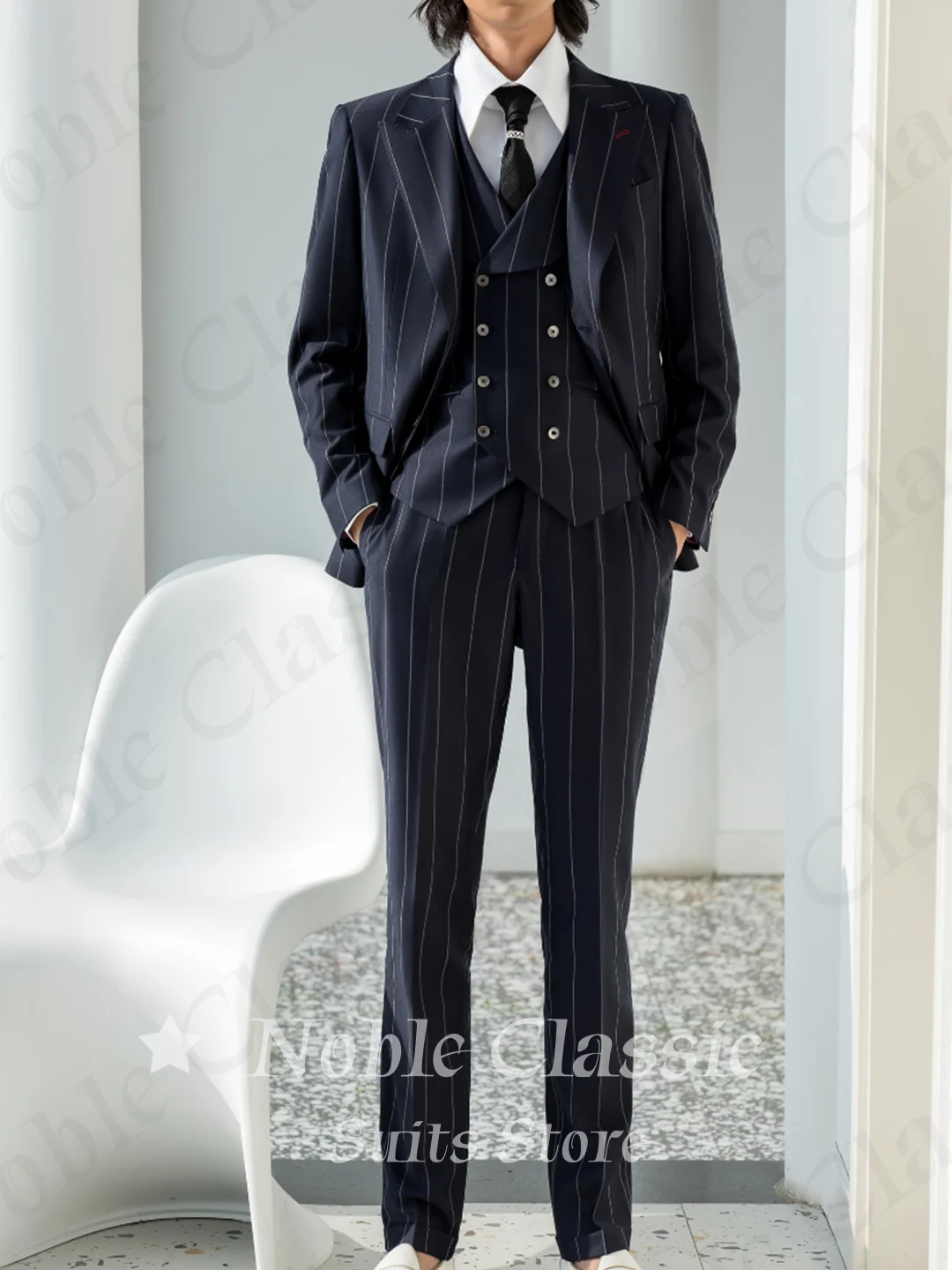 Men 3 Piece Suit Dark Navy Pinstripe Blazer Waistcoat Trousers Wide Peak Lapel Double Breasted Evening Banquet Daily Customized