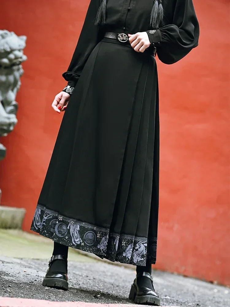 Retro Elegant Chinese Style Improved Black Long Skirt For Women Daily Wear Skirt High Waist Pleated Loose Mid Calf Skirts Autumn