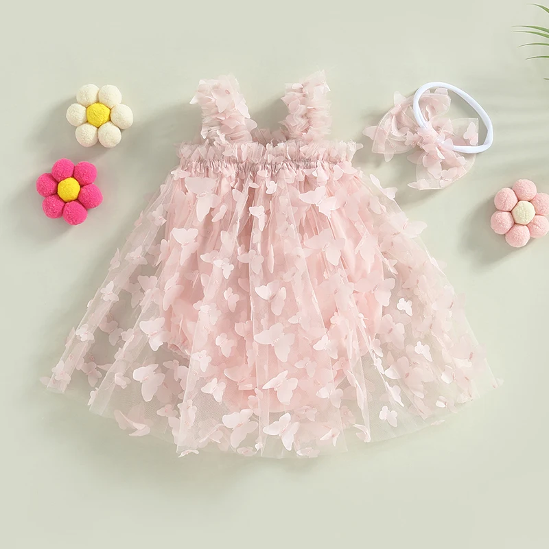 0-24M Infant Baby Girl Princess Romper Dress Sleeveless 3D Butterfly Tulle Lace Mesh Backless Jumpsuit with Headband