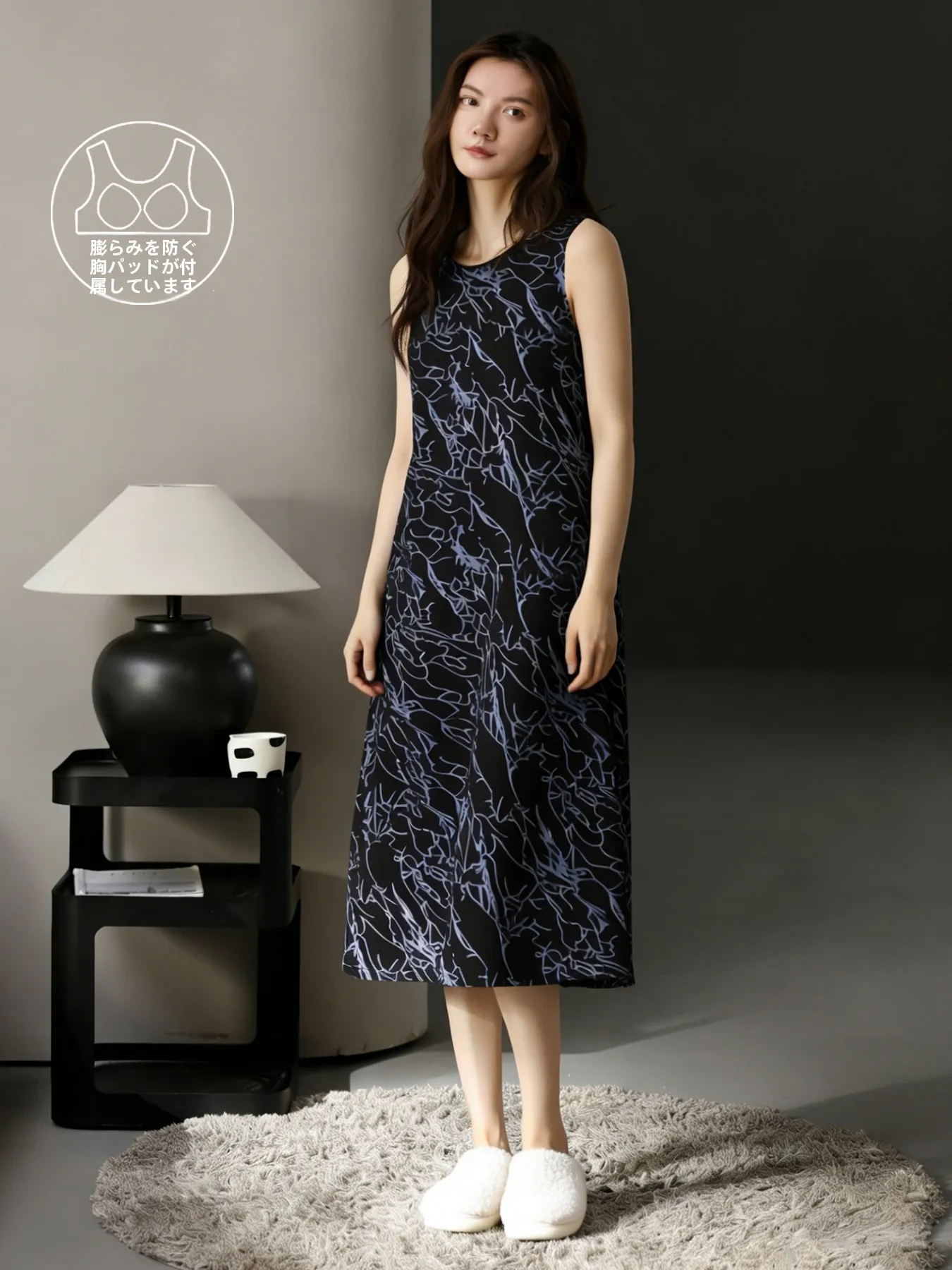 女性の夏の寝間着ソフトピュアコットンノースリーブベスト胸パッド付きカジュアルホーム服ラウンドネックプリント幾何学模様