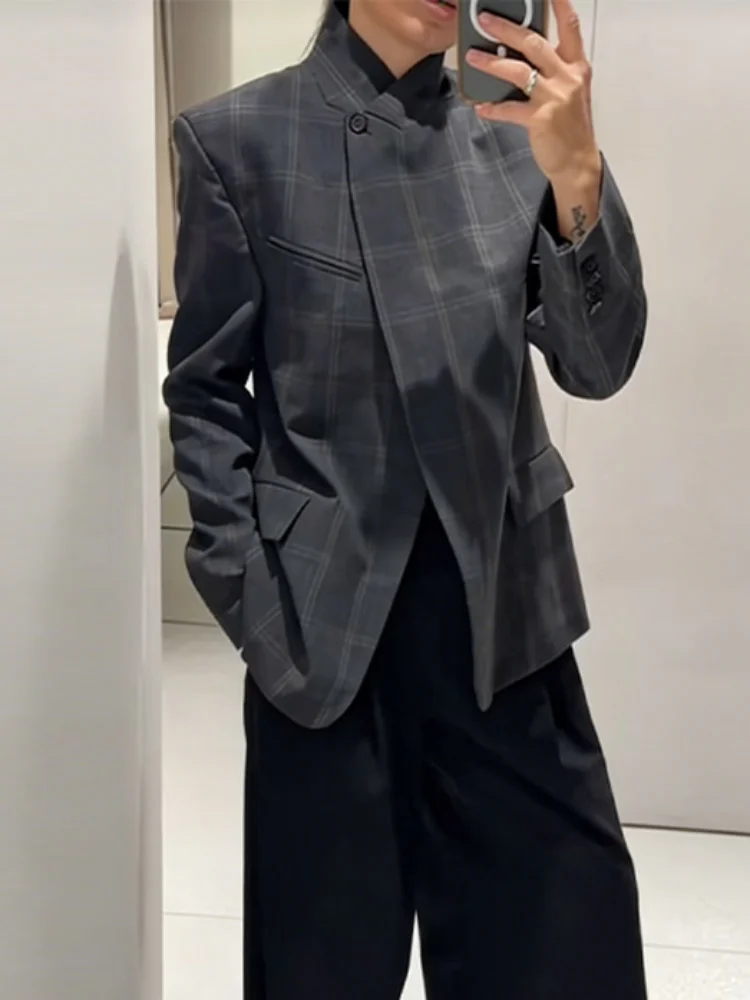 

Trendy Checkered Suit Jacket For Women Elegant Loose Long Sleeved One Button Short Coat New Lady Outfit Daily Commute Outerwears