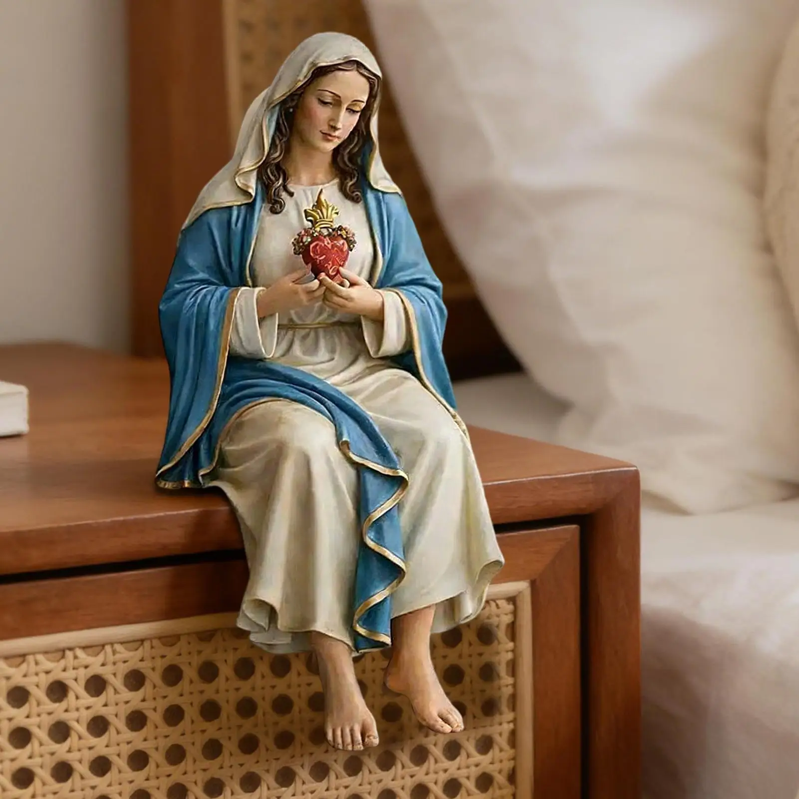 Estátua de Nossa Senhora Maria em Resina, Figurinha Católica Decorativa, Escultura Pintada à Mão da Virgem Maria para Casa, Mesa, Prateleira e Estante