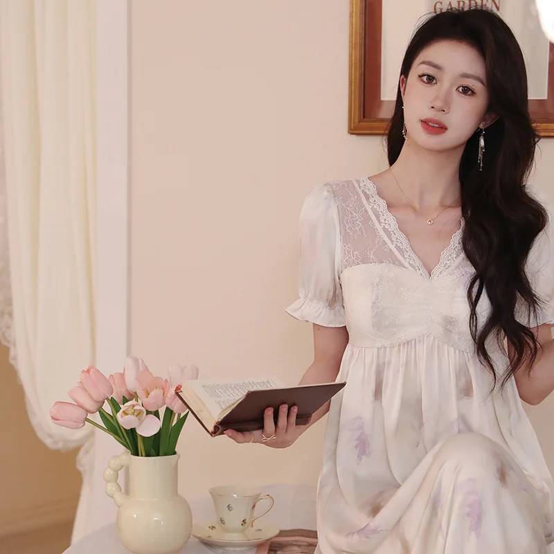 Sexy Mesh V Neck Night Dress Women Summer Ice Silk Nightgown Lace Short Sleeve Nightdress Princess Satin Sleepwear Nightwear