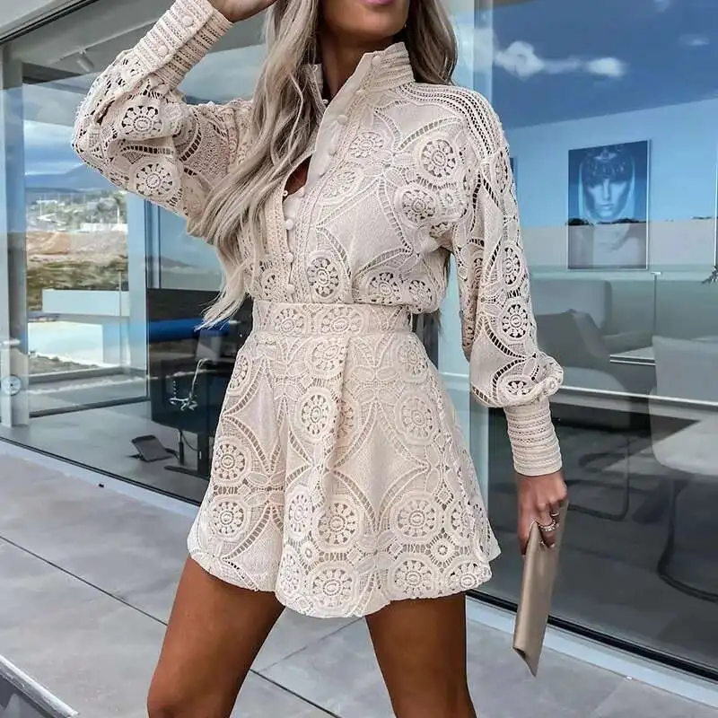 Lente shirt met lange mouwen Borduren Shorts Broek Pak Mode Vrouwen Effen Kantoor Bijpassende Elegante Kant Holle Tweedelige Set