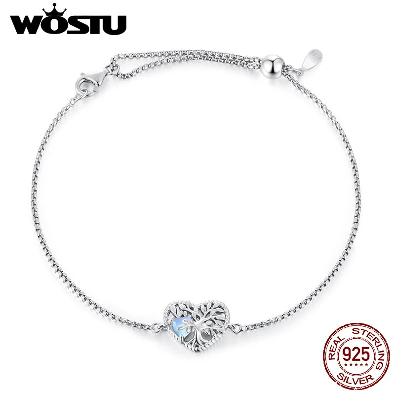 

WOSTU 925 Серебряный кулон «Древо жизни» в форме сердца с лунным камнем, регулируемые звенья-цепочки для женщин, рождественский подарок на День святого Валентина