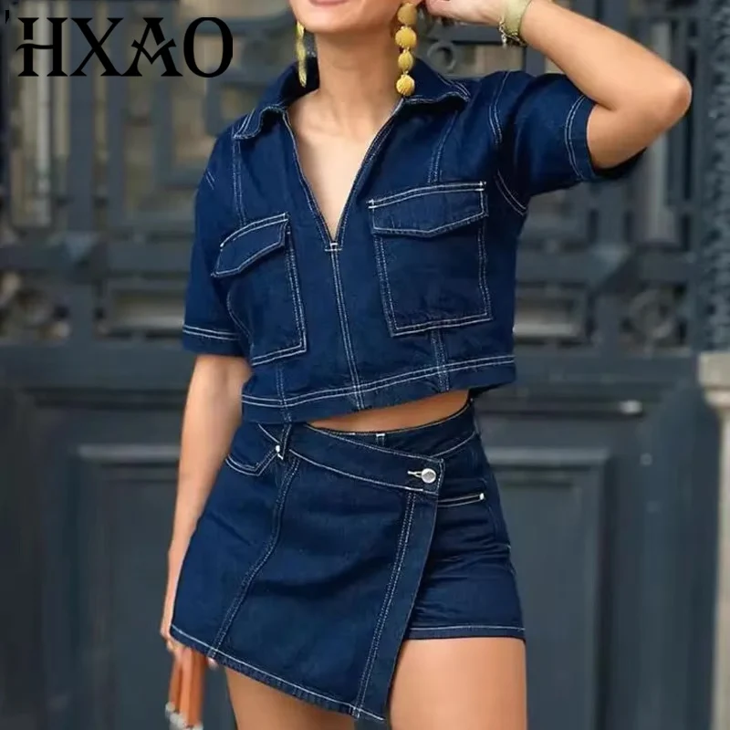 HXAO 2024 미니 스커트 투피스 세트 비대칭 숏 스커트 팬츠 크롭 블라우스 데님 세트 여름 캐주얼 여성 투피스 세트
