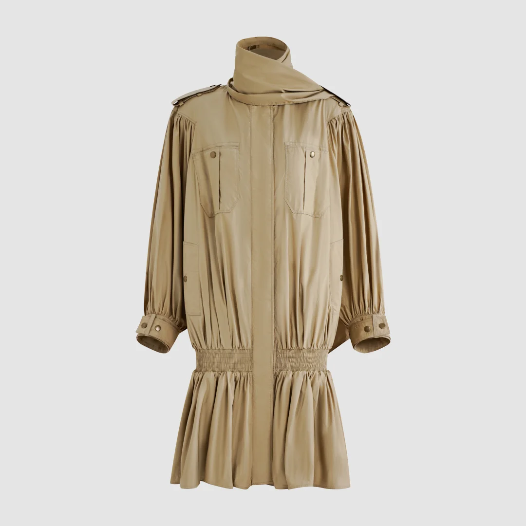 2026 Women's Intricate Design Trench Coat Scarf Collar Gathered Waist Lantern Sleeve Windbreaker Unique Structured Outerwear