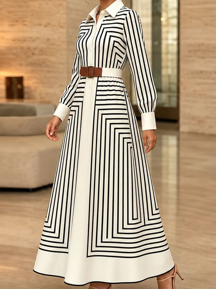 Long Sleeve Party Dress Buttons Simple Printing Fashion Ladies Dress Autumn Women's Elegant Turn Down Collar Maxi Dress Vestido - view 6