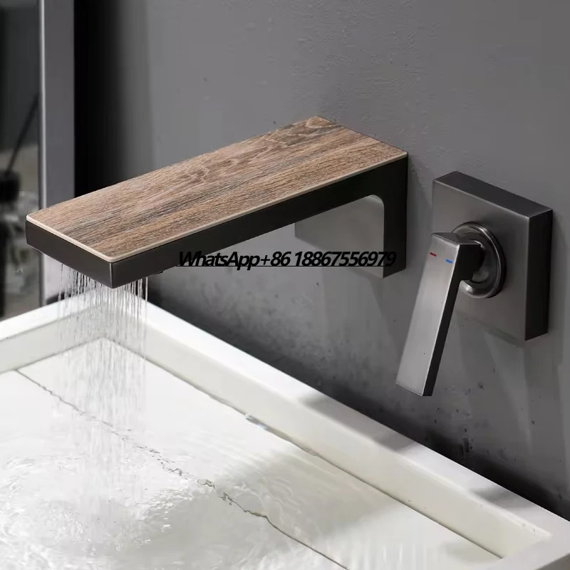 

Wall Mounted Bathroom Sink Faucet,Wood Pattern Waterfall Vessel Faucet Single Handle 2 Hole Lavatory Basin Mixer Tap