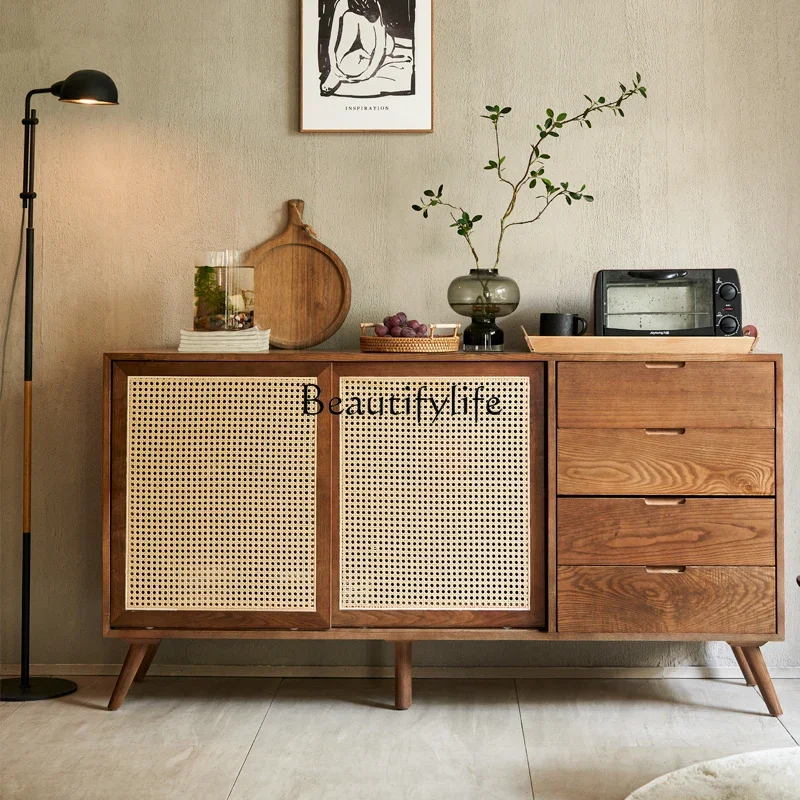 Japanese-Style Solid Wood Rattan Sideboard Cabinet Nordic Storage Chest of Drawers Log Style Sideboard Cabinet