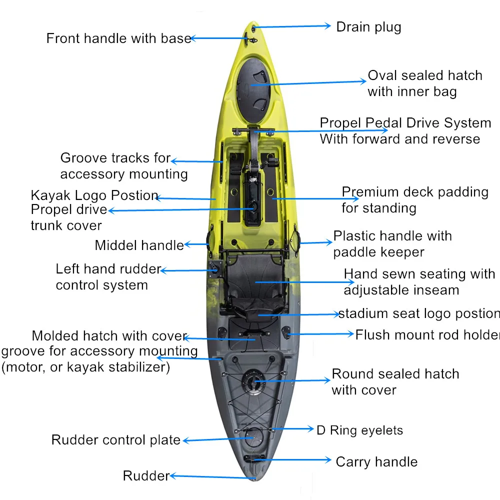 Lsf fábrica 3.6m 12ft 1 pessoa único assento pé pedal unidade barco de pesca caiaque paddle quadro cadeira leme para água do oceano