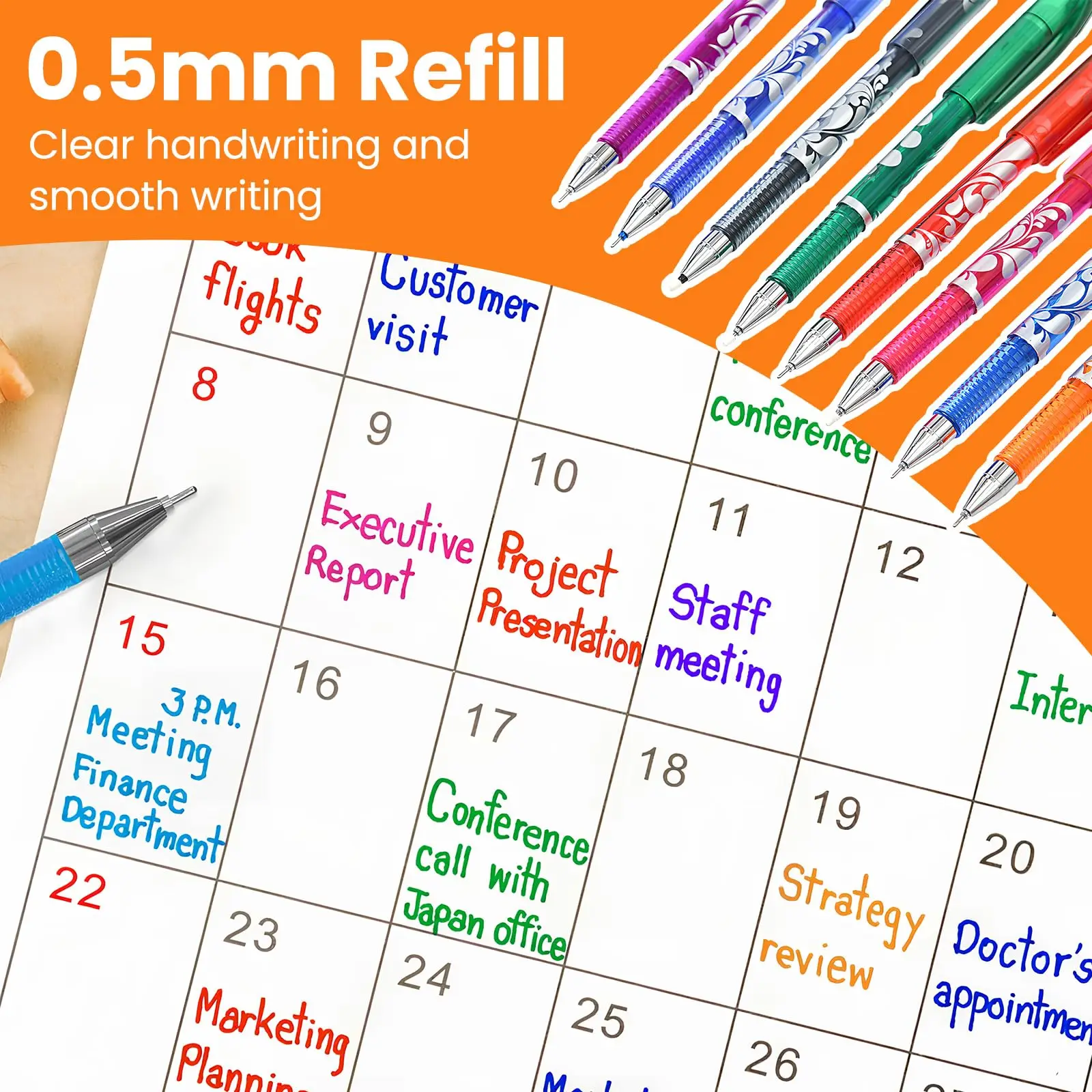 أقلام فرك 8 ألوان، أقلام قابلة للمسح مع 40 عبوة، قلم جل قابل للمسح رفيع 0.5 مم مع غطاء قلم للمجلات والملاحظات والرسم