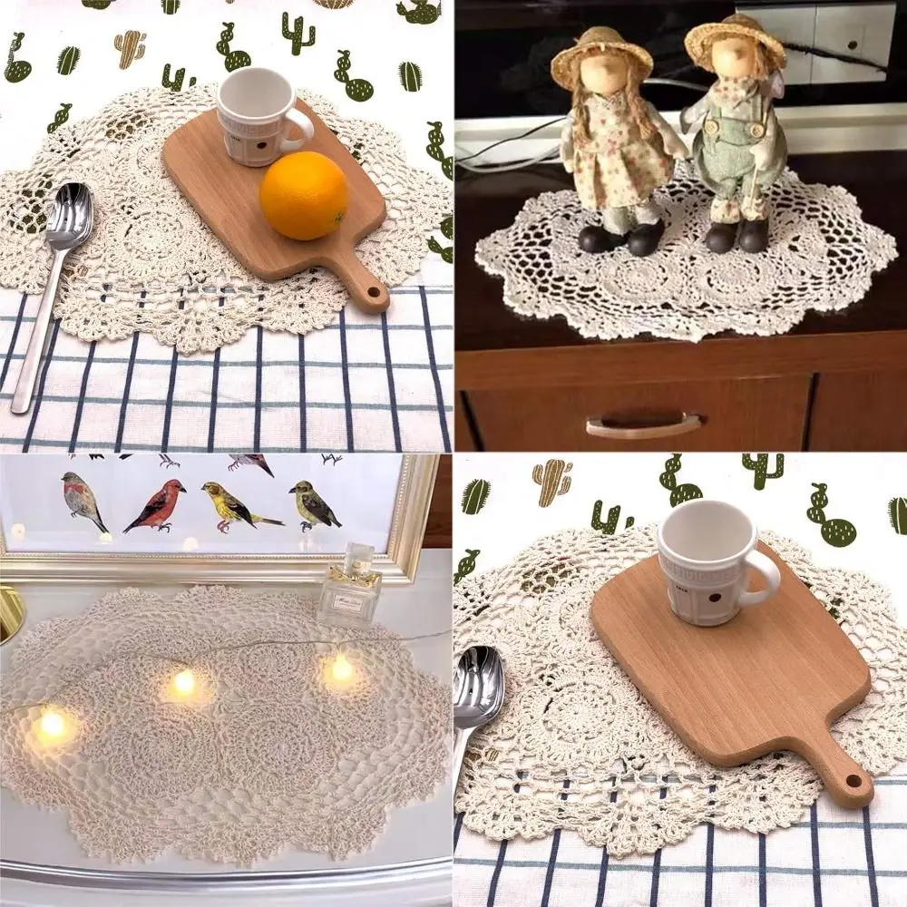 

Vintage Crocheted Doilies Shabby Chic Handmade Placemet Oval Tablecloth Wedding Event Decor Table Mat Dust-proof Cover Cloth