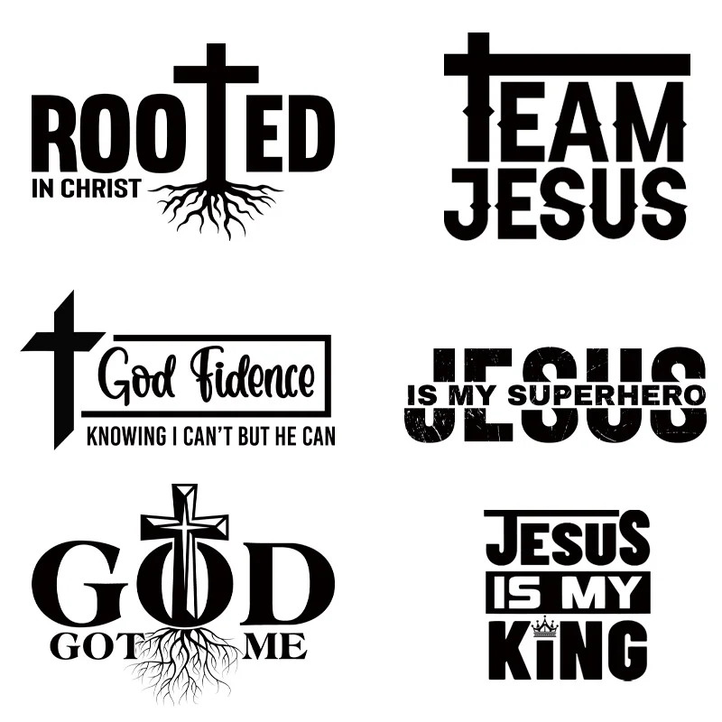 6pieceBlack Letter Christian Jesus Iron On Patches Heat Transfer Vinyl Film Diy Sewing Crafts Clothes Sticker  Cartoon stickers