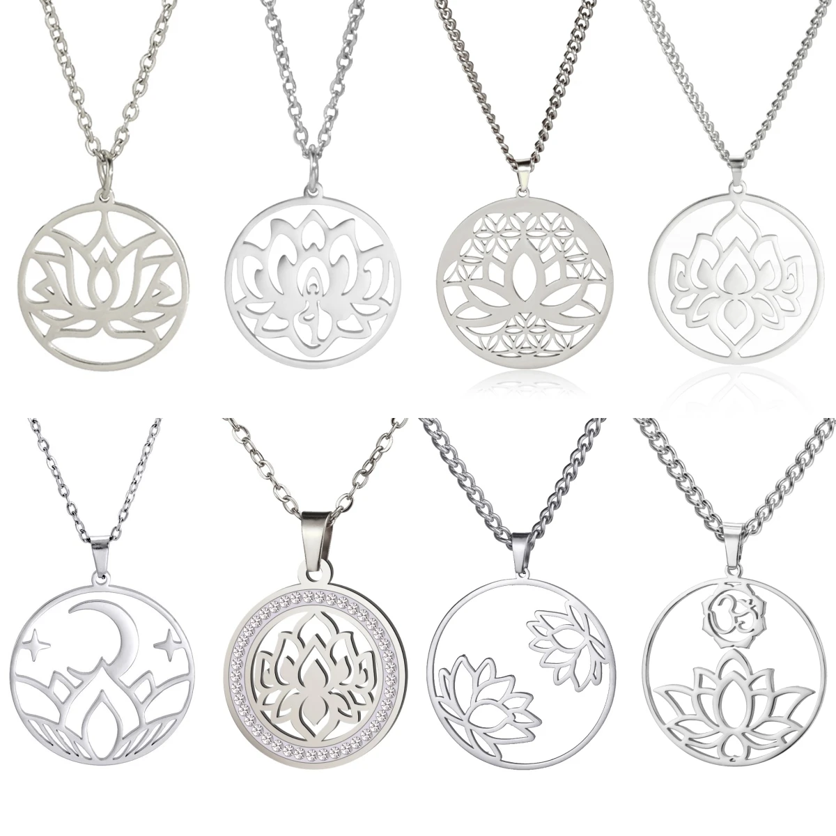 LIKGREAT Trendy Lotus Flower Pendant Necklace Stainless Steel Yoga Charm Buddhism Amulet Hindu Choker Jewelry Gift for Women Men