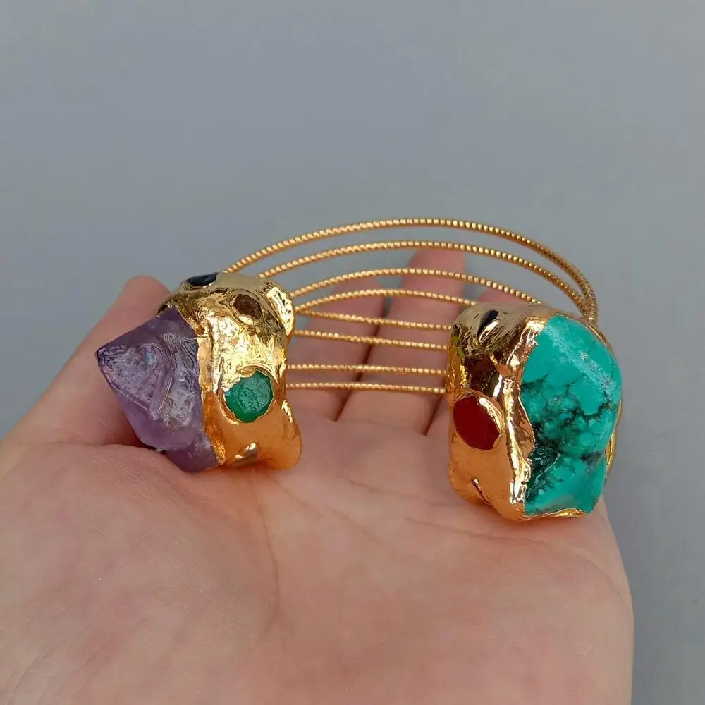 YYGEM Natural Purple Amethyst Druzy Green Turquoise Gold Plated Bangle Bracelet