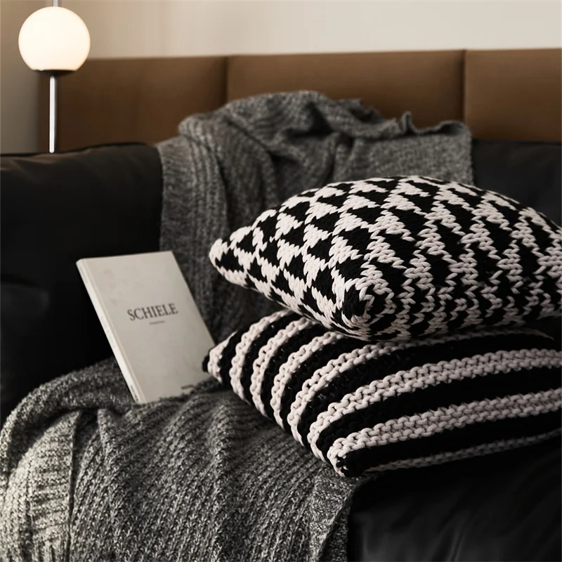 Decoration Cushion 45x45cm Handmade Pillow Geometric Black Ivory Knit Stipe  Woven Home Pillow Square  Including Inner filler