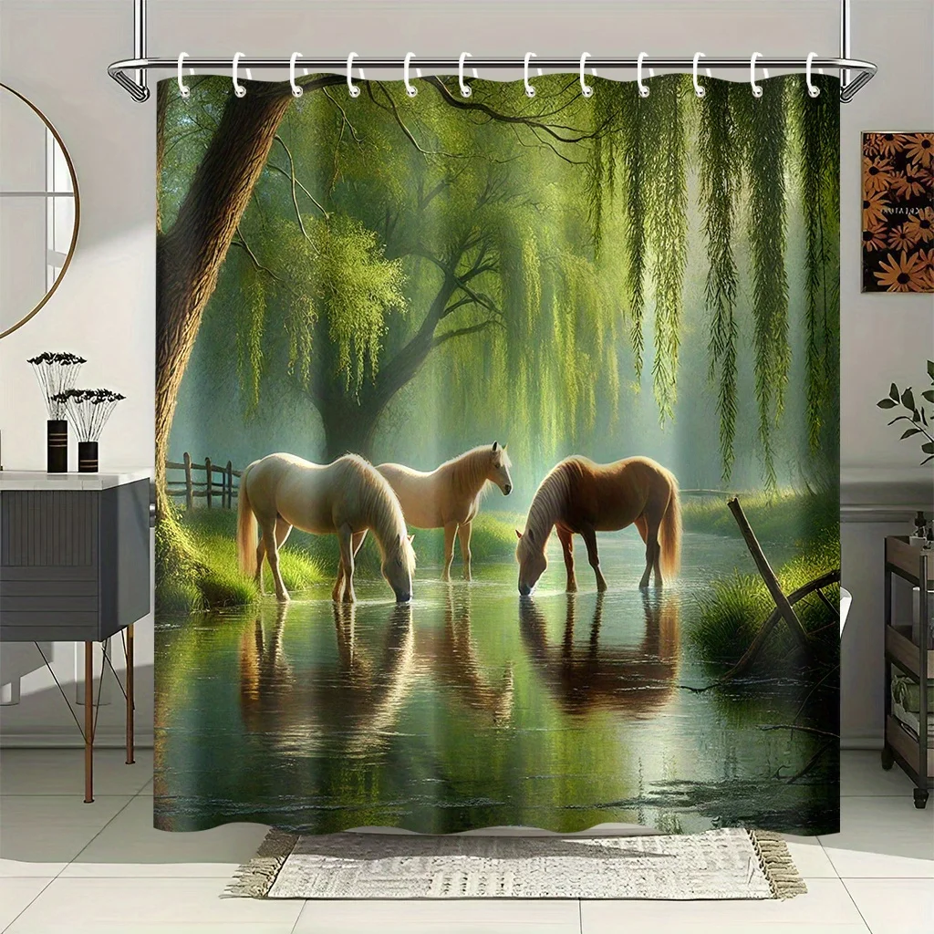 Horse in Forest Shower Curtain Waterproof Fabric Bathroom Curtains Willow Tree and Horse Bath Screen Divider Home Decor