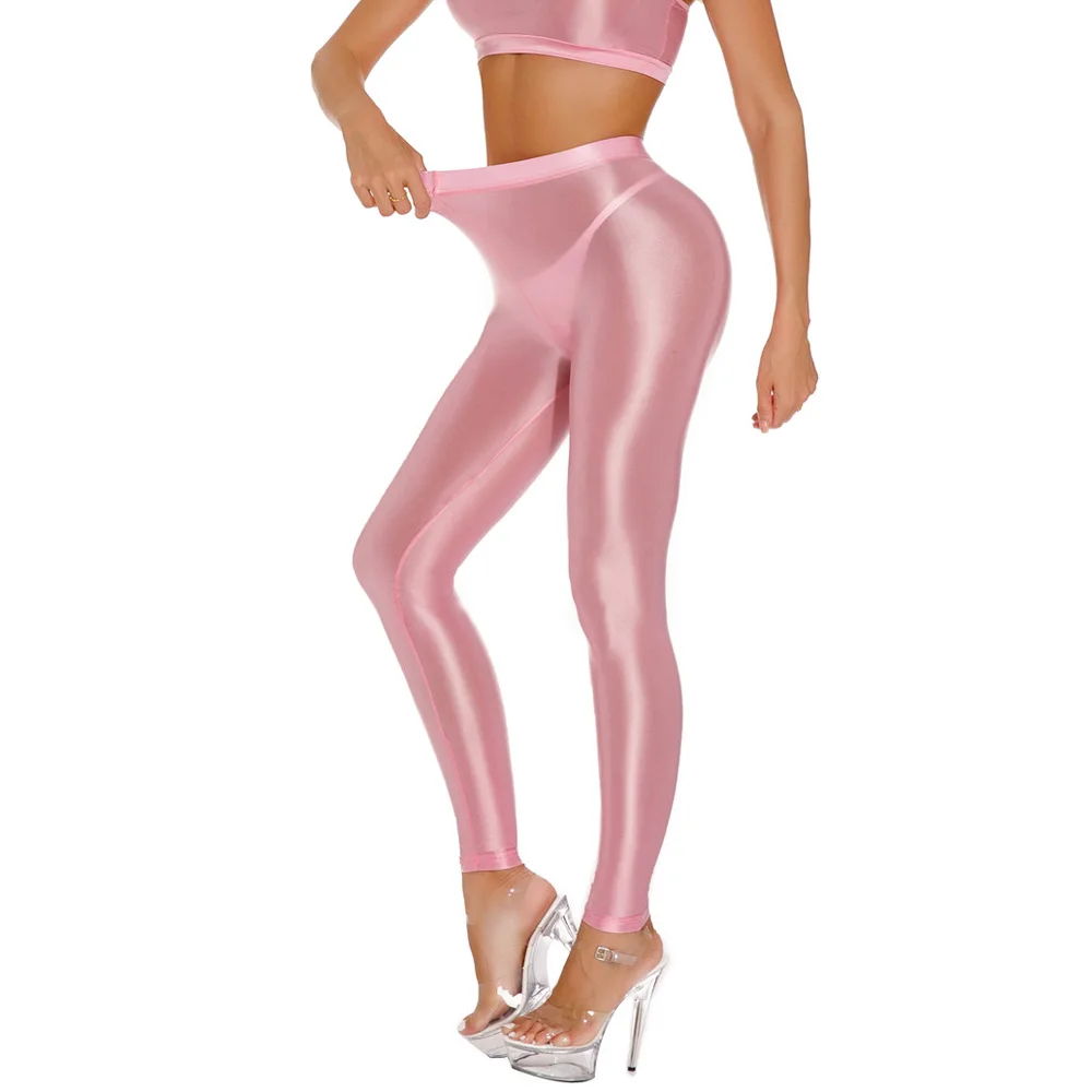 Sexy Women Sheer See Through Pencil Pants Oil Shiny Yoga Shaping Tights Elastic Leotard Pack Hip Leggings Candy Color