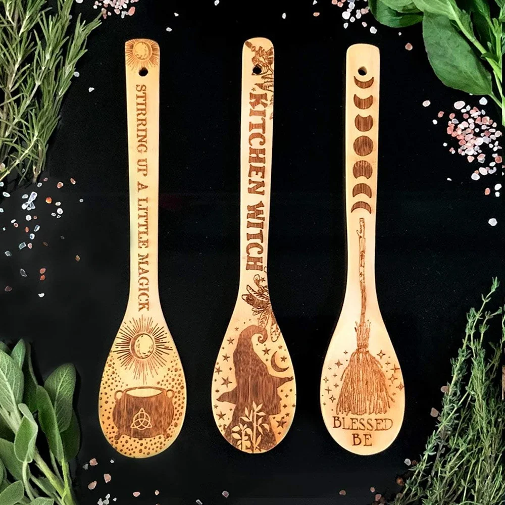 

Witchy Decor Yule Bamboo Wooden Spoon Large Eco-Friendly Kitchen Witches Pagan Gift Halloween Party Baking Cooking Supplies