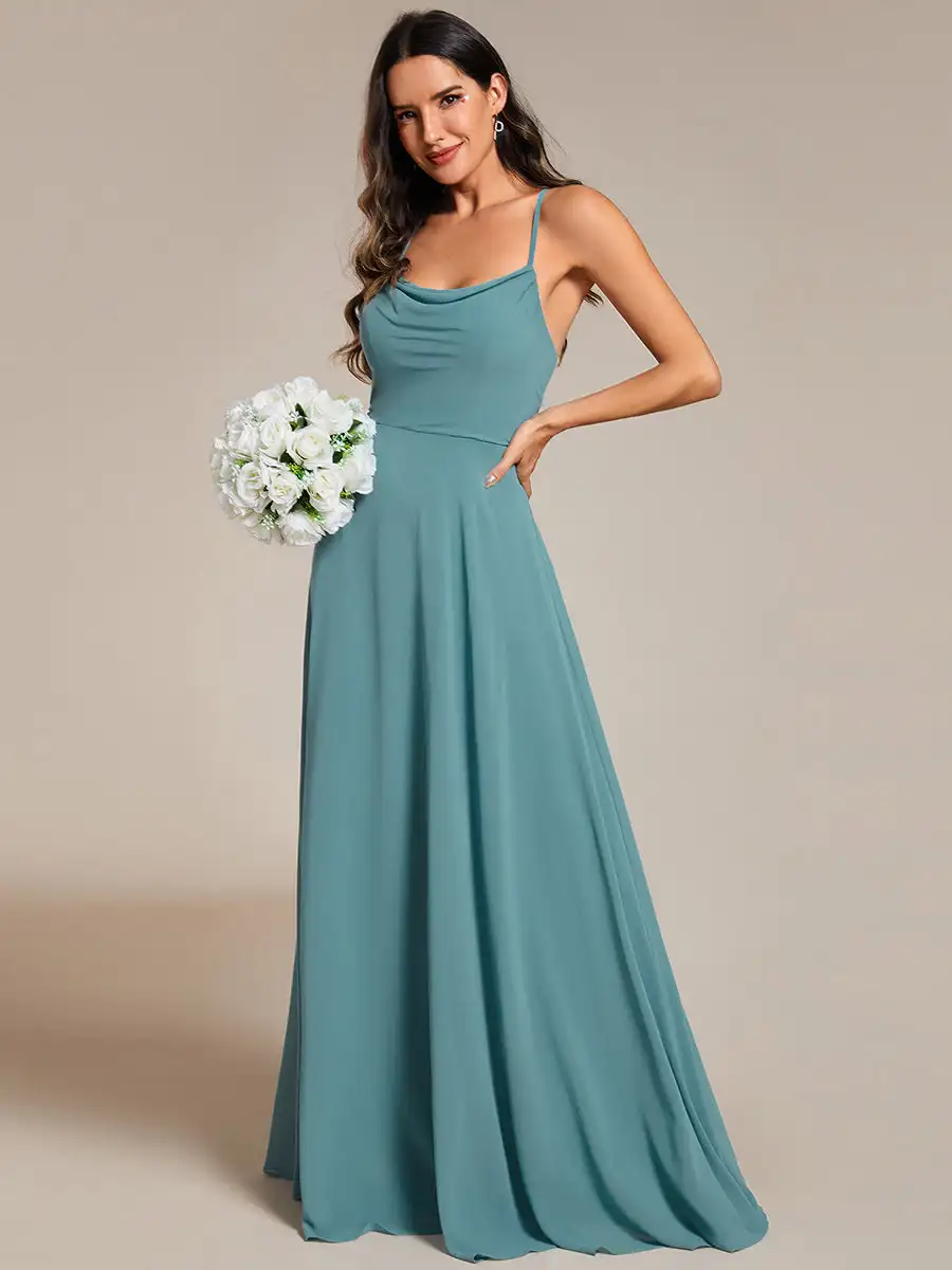 

Elegant Evening Dresses Spaghetti Straps Draped Collar Floor Length 2024 Ever Pretty of Dusty blue Bridesmaid Dress