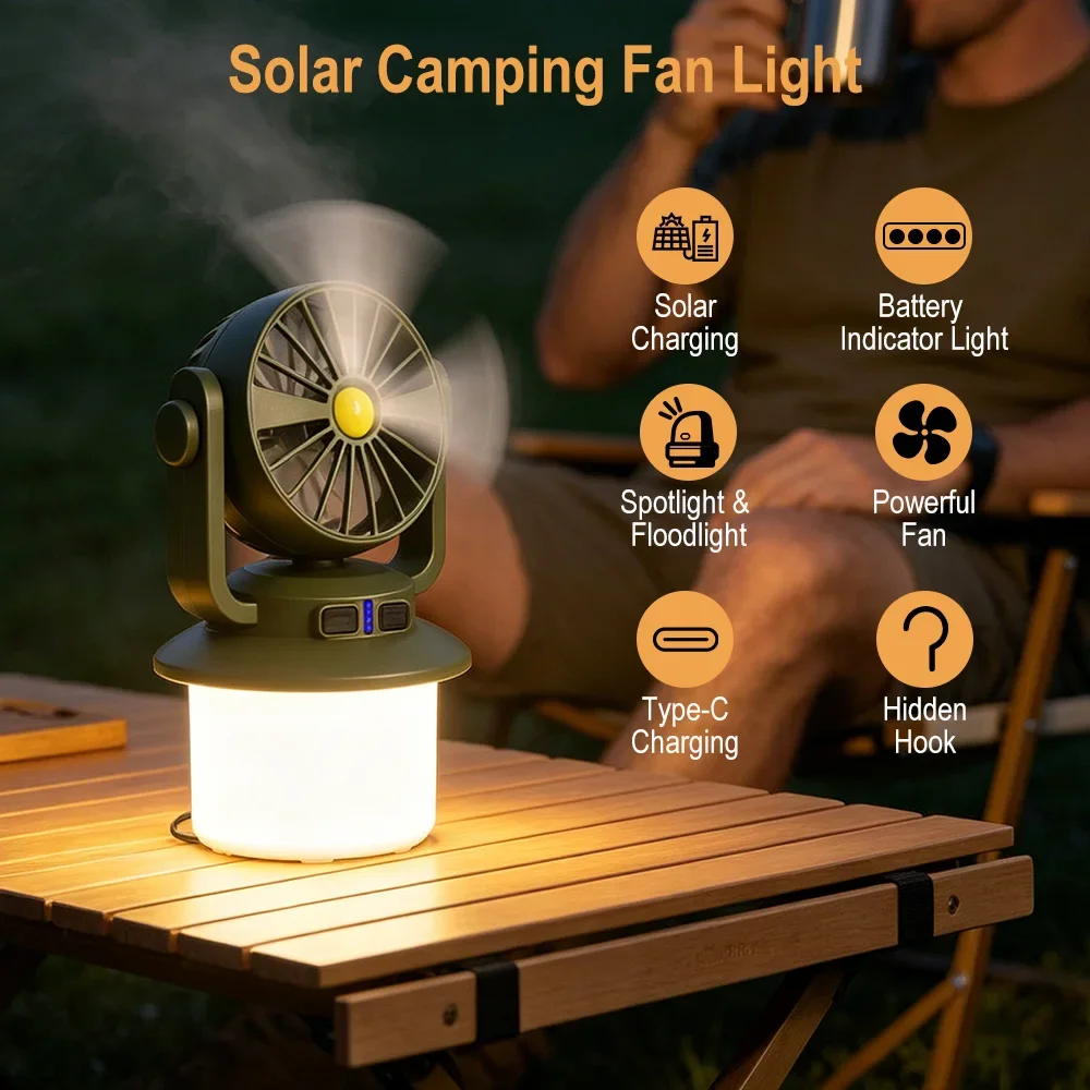 BORUiT Solar LED Camping Lantern USB Rechargeable 1800mAh Portable Emergency Light with Fan Hook Emergency Light For Outdoor Use